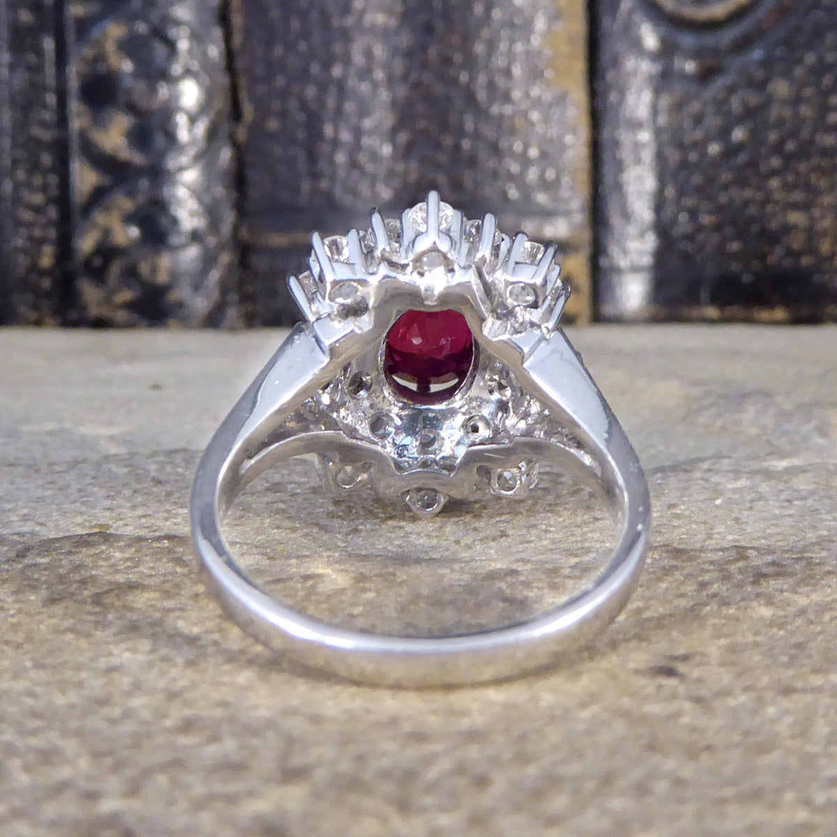 Contemporary 1.80ct No Heat Ruby and 1.28ct Diamond Double Cluster Ring in 18ct White Gold - Wharfedale Antiques