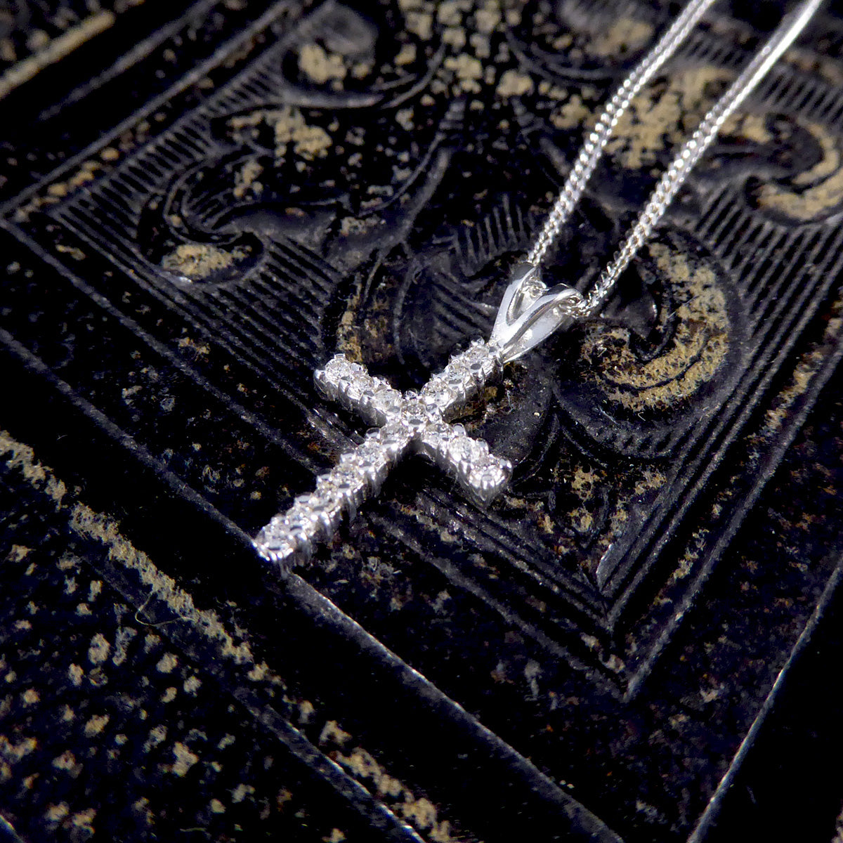 Diamond Cross Necklace in 18ct White Gold on 16inch 18ct White Gold Chain - Wharfedale Antiques