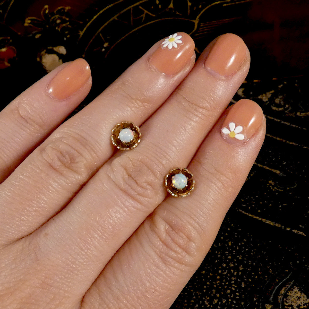 Vintage Opal Stud Earrings in a floral 9ct yellow gold basket.