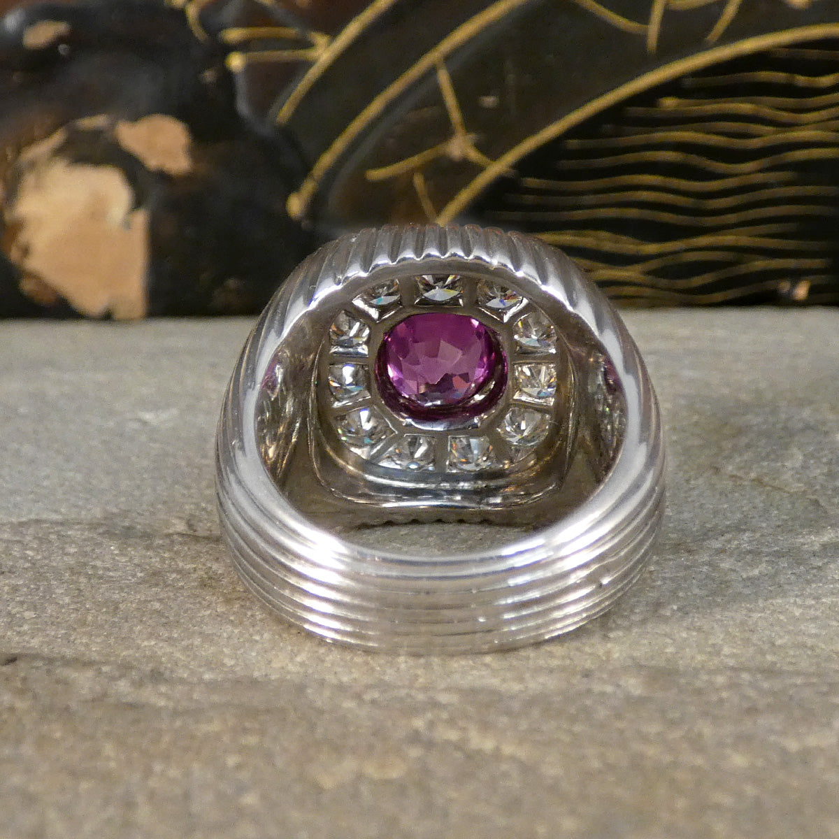 Chunky French Signet Ring with a Pink Sapphire and Diamond Cluster in Platinum - Wharfedale Antiques