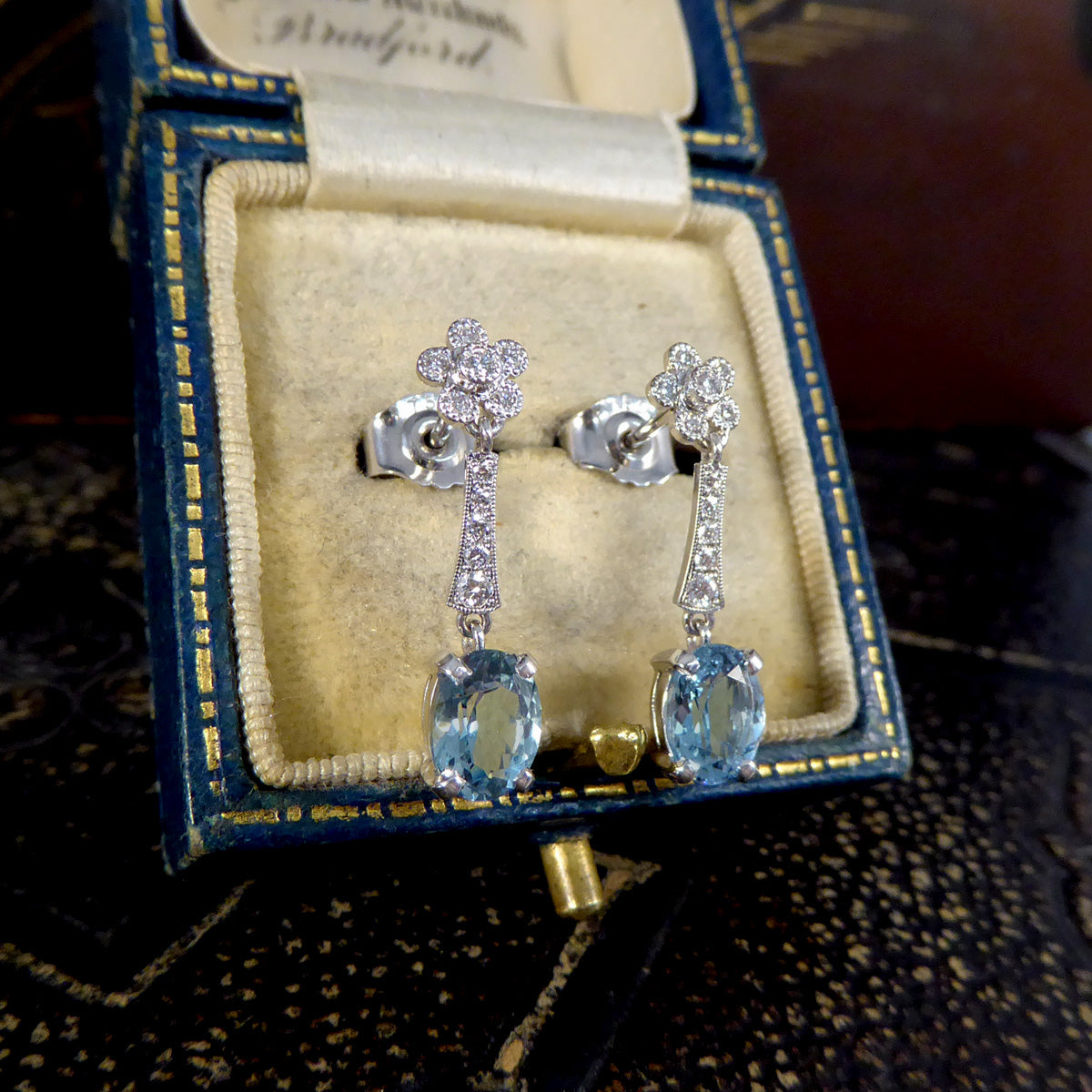Aquamarine and Diamond Belle Epoque Inspired Drop Earrings in 18ct White Gold - Wharfedale Antiques