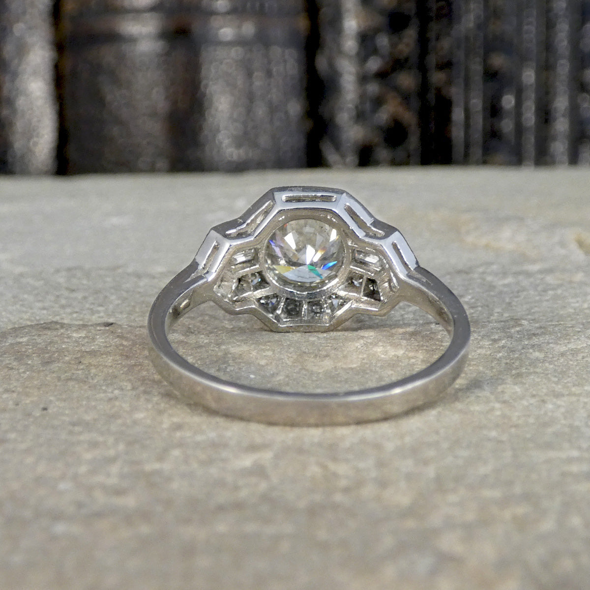Back view of gorgeous and sparkly Art Deco inspired Diamond cluster ring in Platinum.