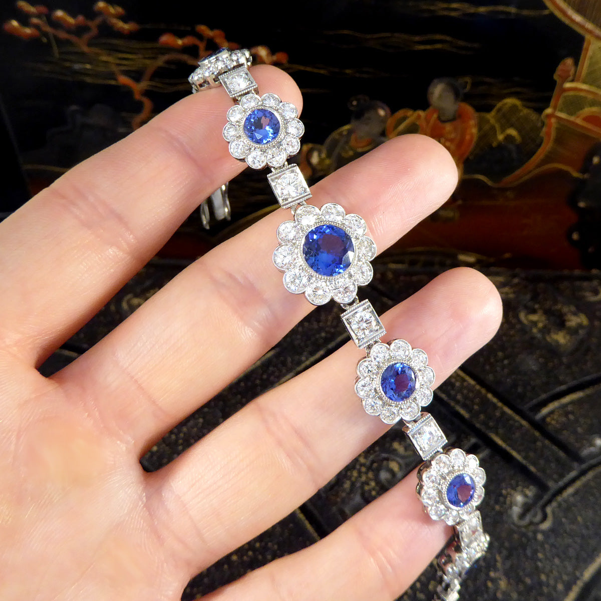 Tanzanite and Diamond Cluster Bracelet in Platinum - Wharfedale Antiques