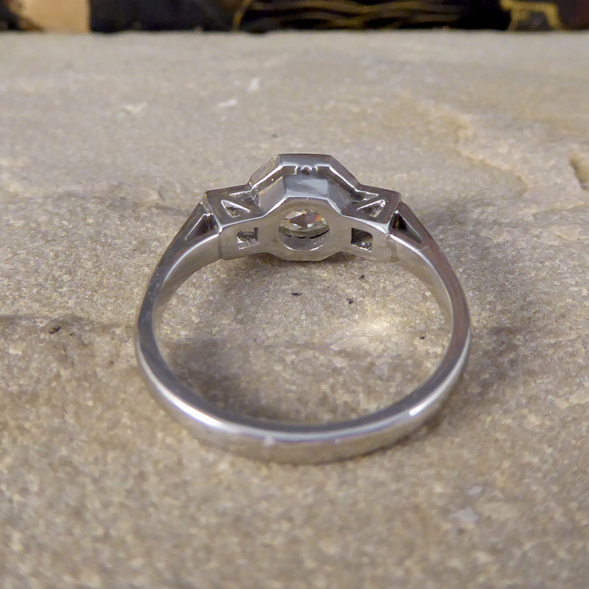 Old European and French Cut Diamond Octagon Design Three Stone Ring in Platinum - Wharfedale Antiques