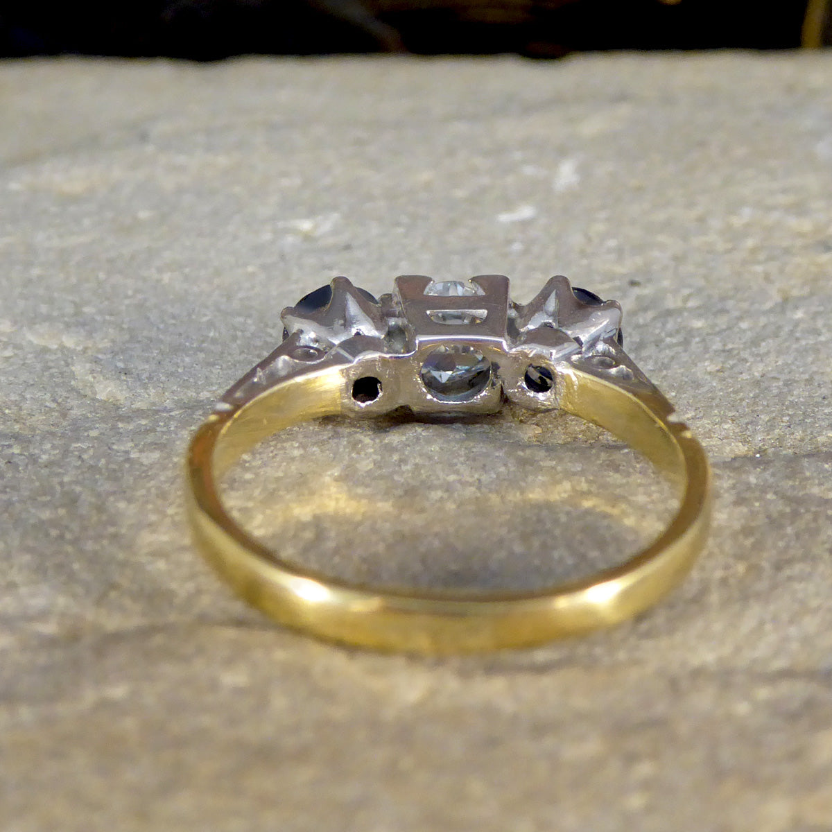 Vintage Sapphire and Diamond Three Stone Ring in 18ct Yellow Gold - Wharfedale Antiques