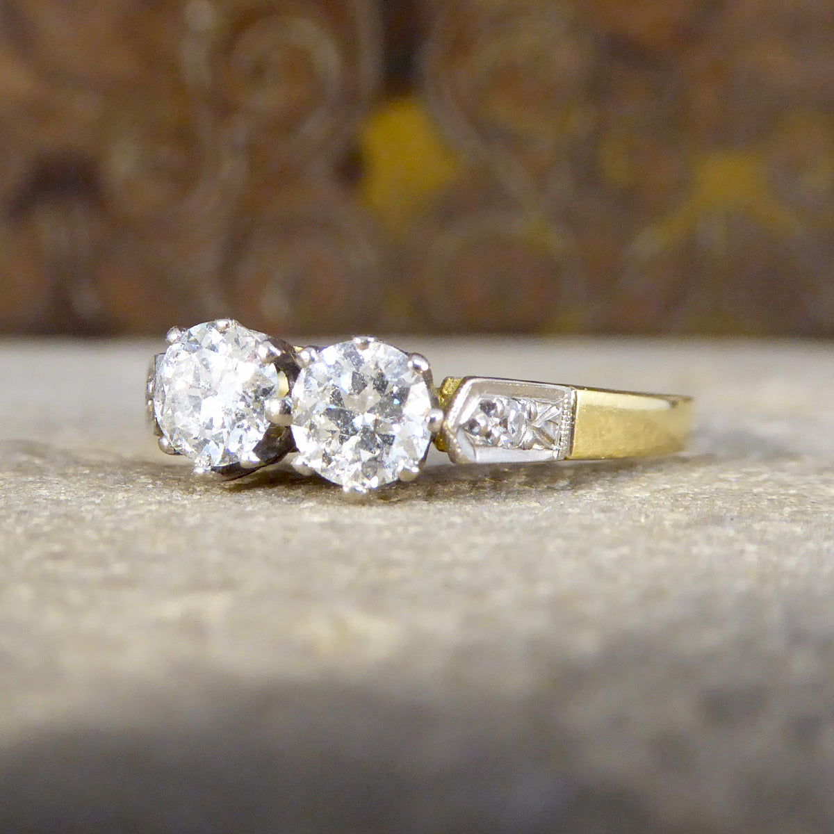 Vintage and Unusual Old Cut Diamond Two Stone Ring in 18ct Gold - Wharfedale Antiques