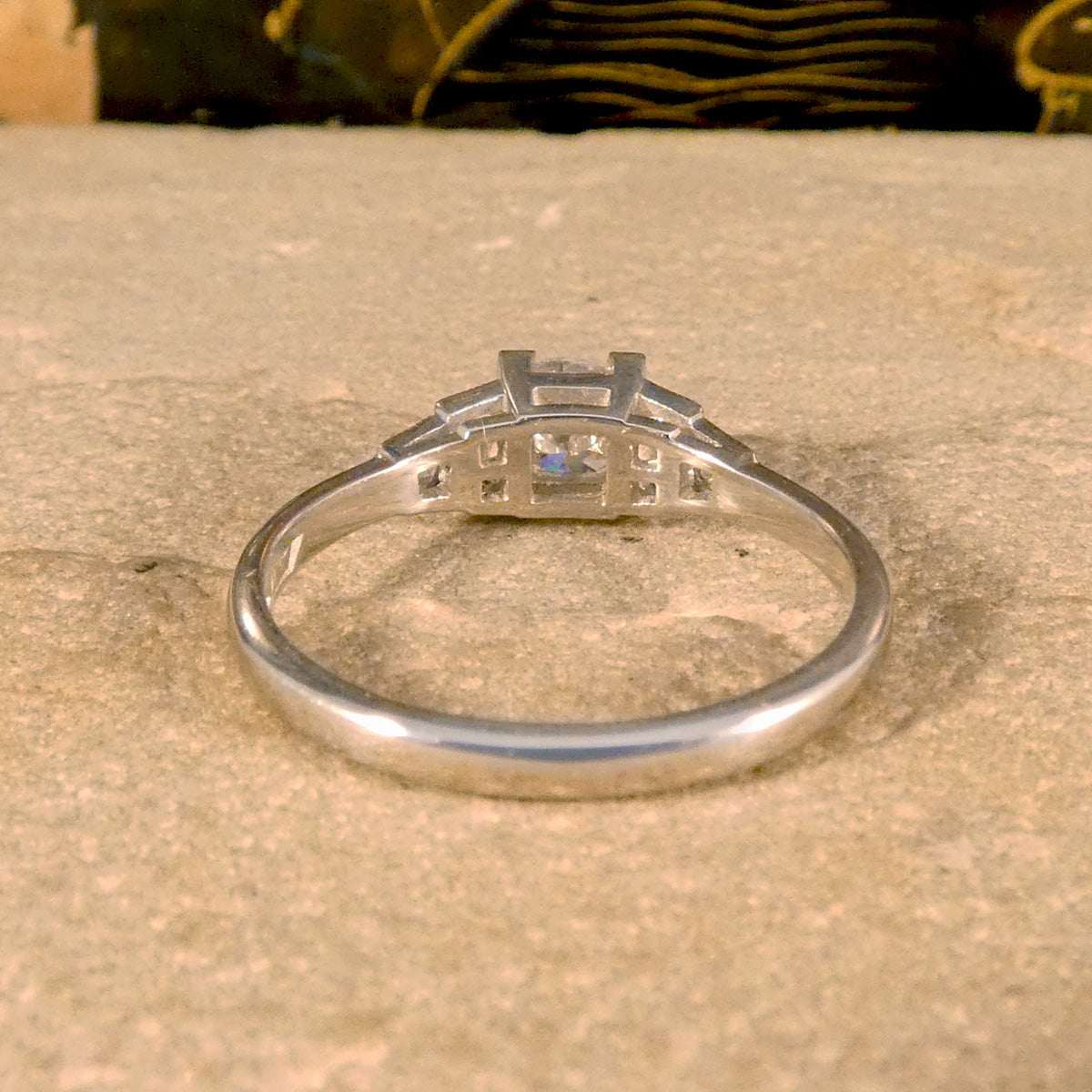 Art Deco Inspired Diamond Ring with Diamond Staged Shoulders in Platinum - Wharfedale Antiques