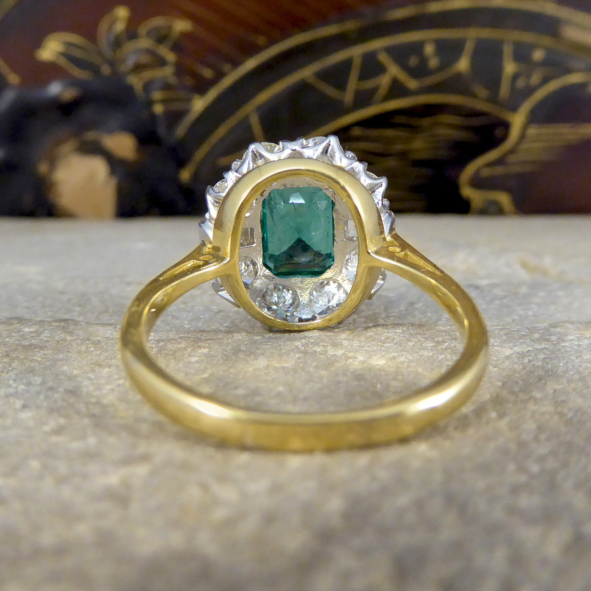 Edwardian Style 1.30ct Emerald and 1.20ct Diamond Cluster Ring in 18ct Gold - Wharfedale Antiques