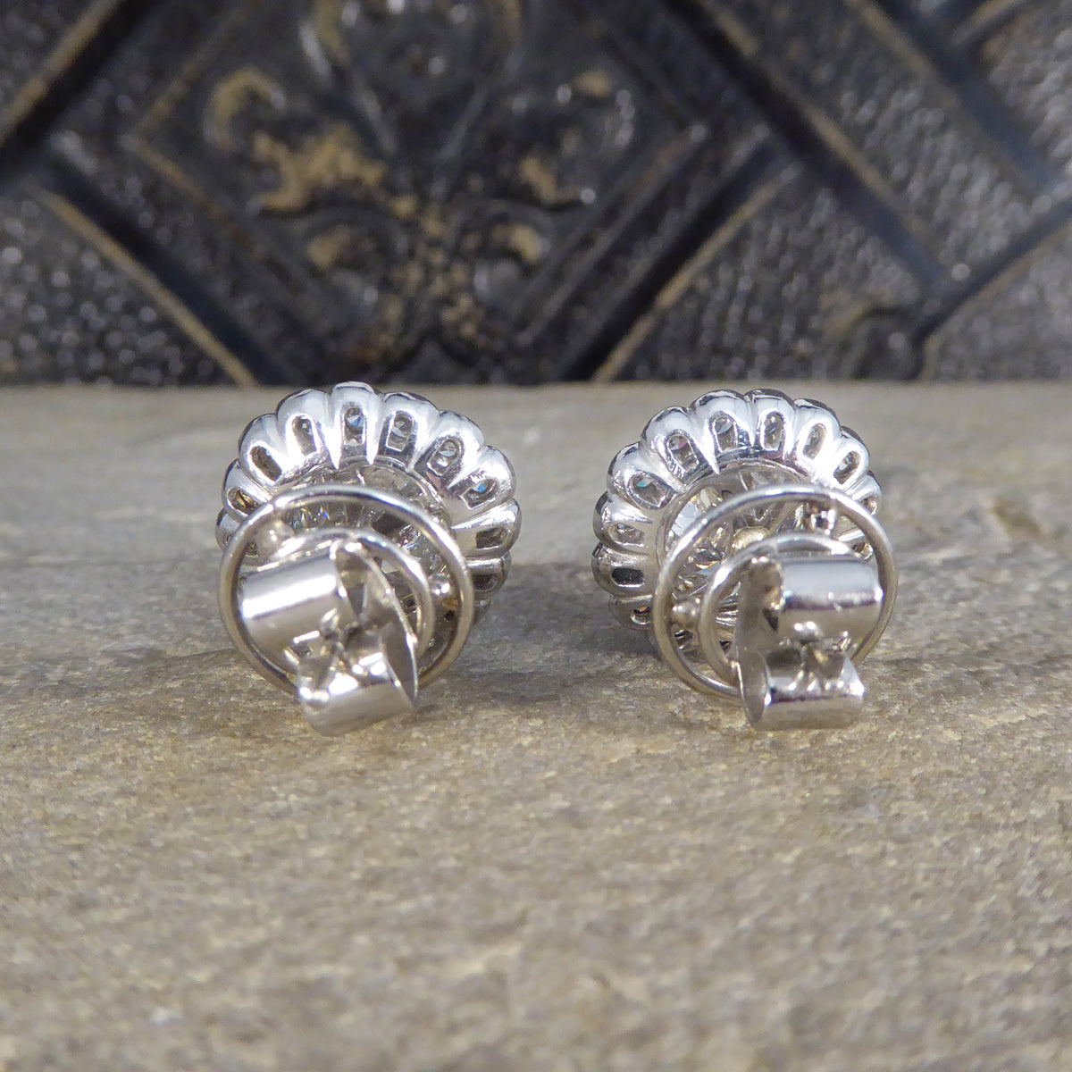 1940's Old Cushion Cut Daisy Cluster Stud Earrings in Platinum