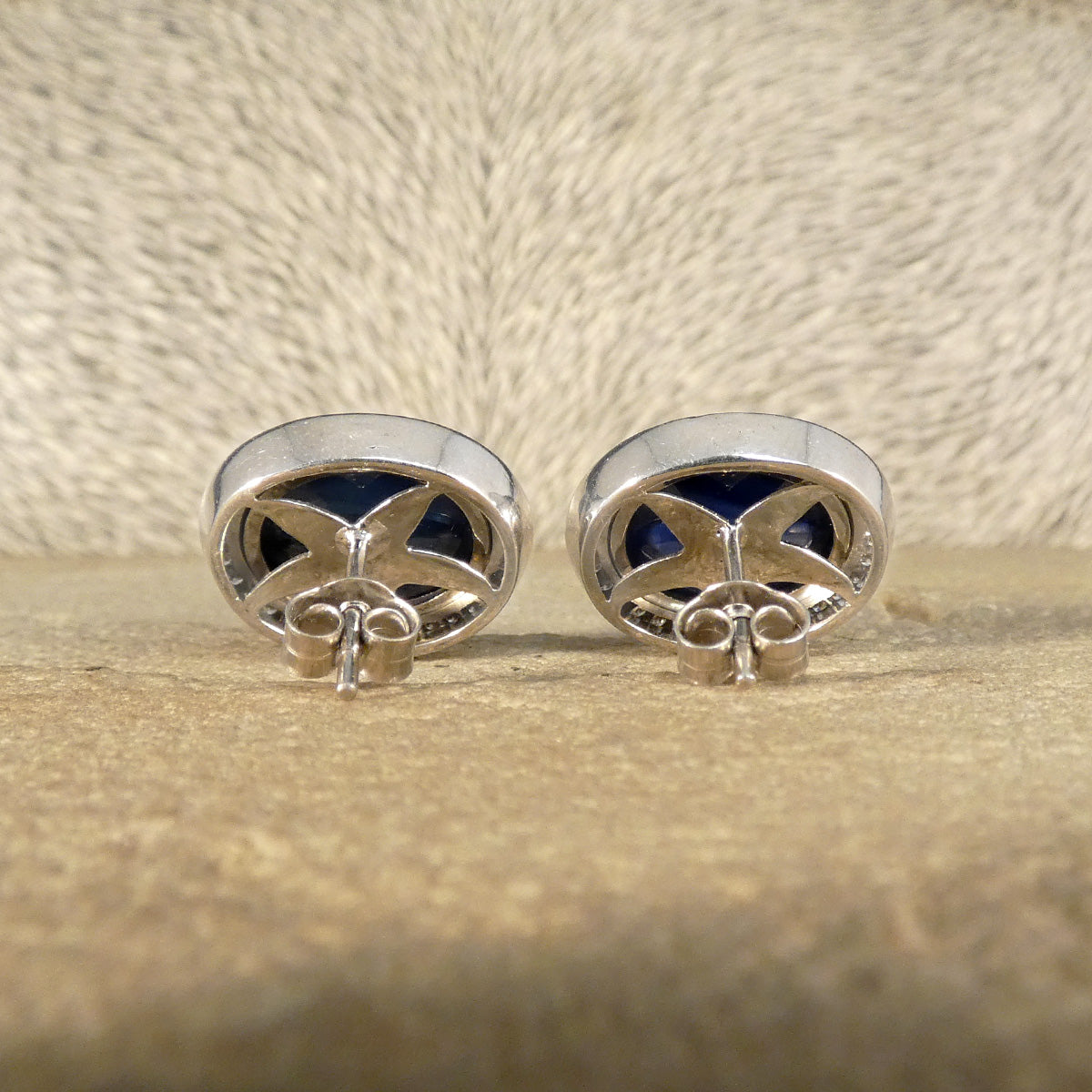 Cabochon Sapphire and Diamond Cluster Stud Earrings 18ct White Gold - Wharfedale Antiques