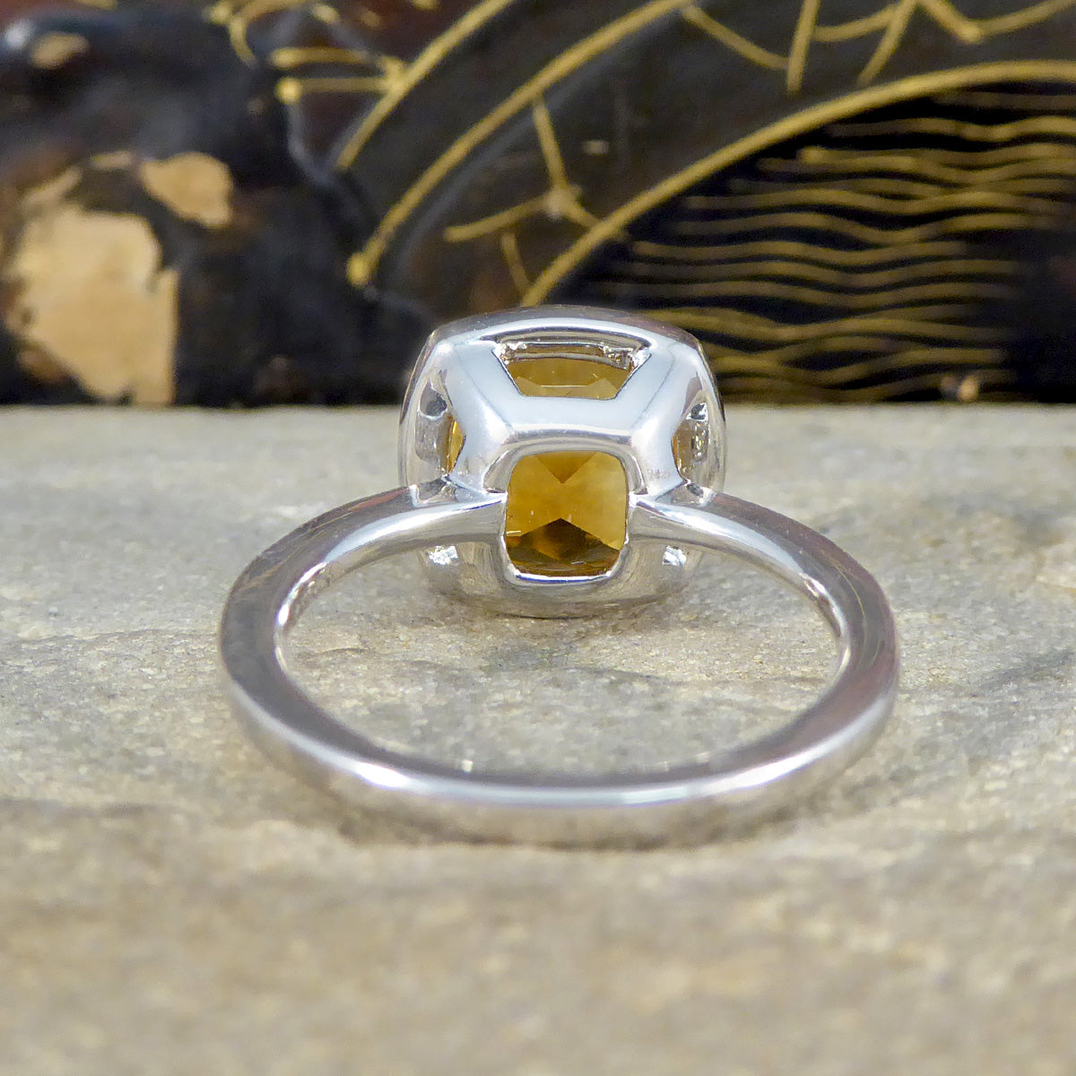 Firey 3.80ct Cushioned Citrene and Diamond Cluster Ring with Diamond Shoulders in 18ct White Gold - Wharfedale Antiques