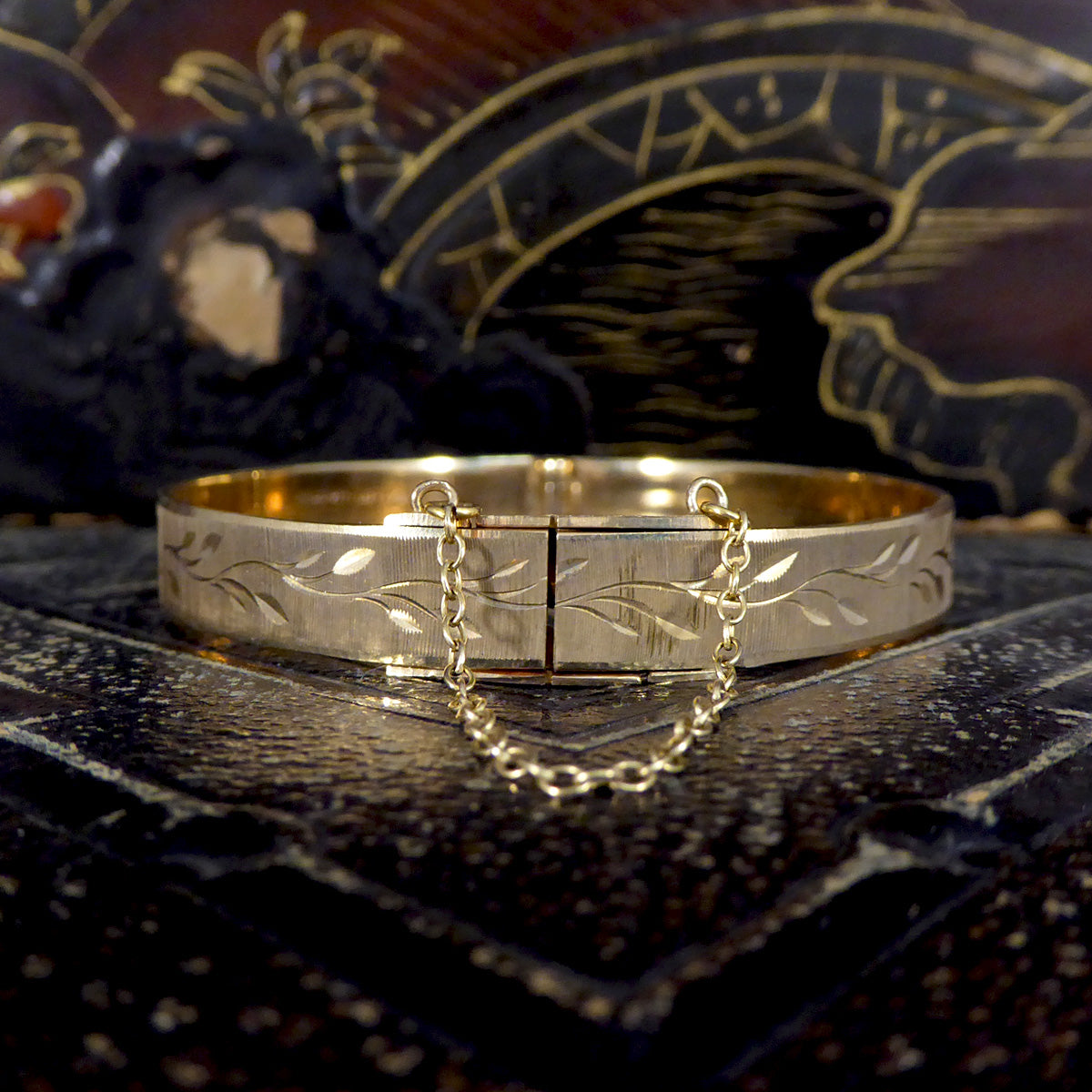 Vintage Yellow Gold Matt Brush Leaf Detailed Bangle C1977 - Wharfedale Antiques