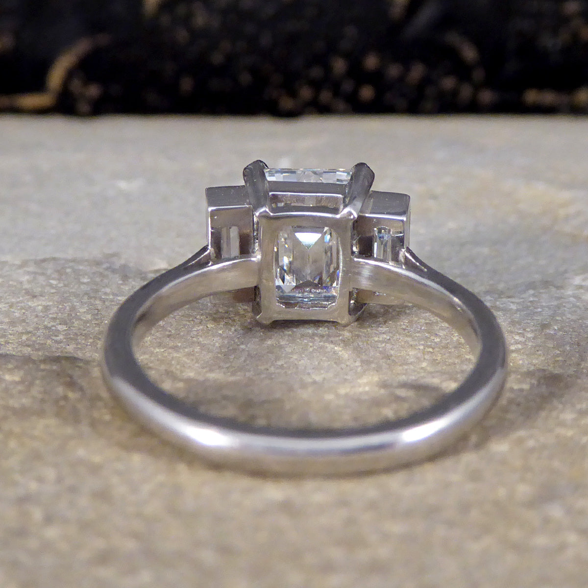 2.57ct Emerald and Baguette Cut Three Stone Ring in Platinum - Wharfedale Antiques