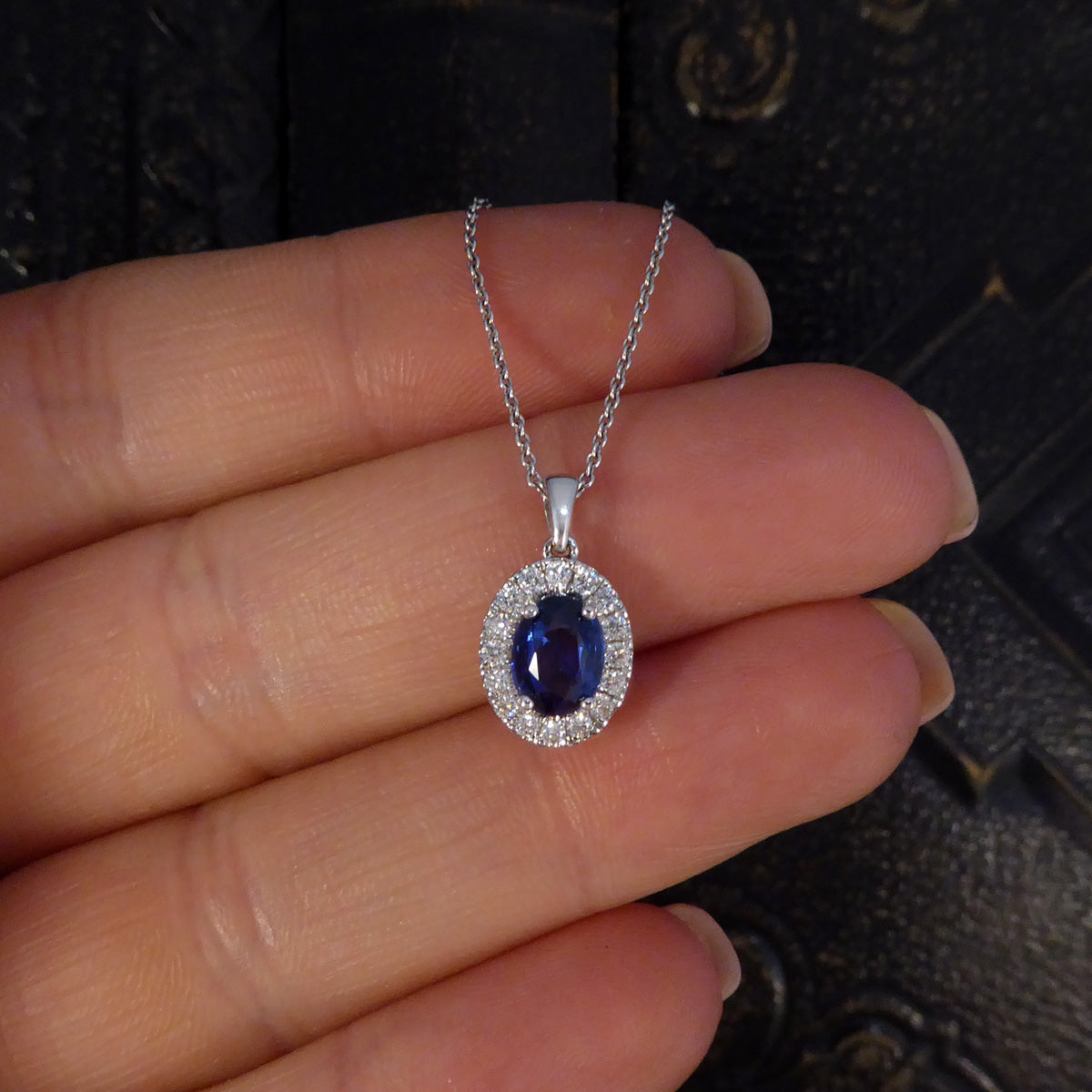 Sapphire and Diamond Cluster Pendant Necklace in 18ct White Gold - Wharfedale Antiques