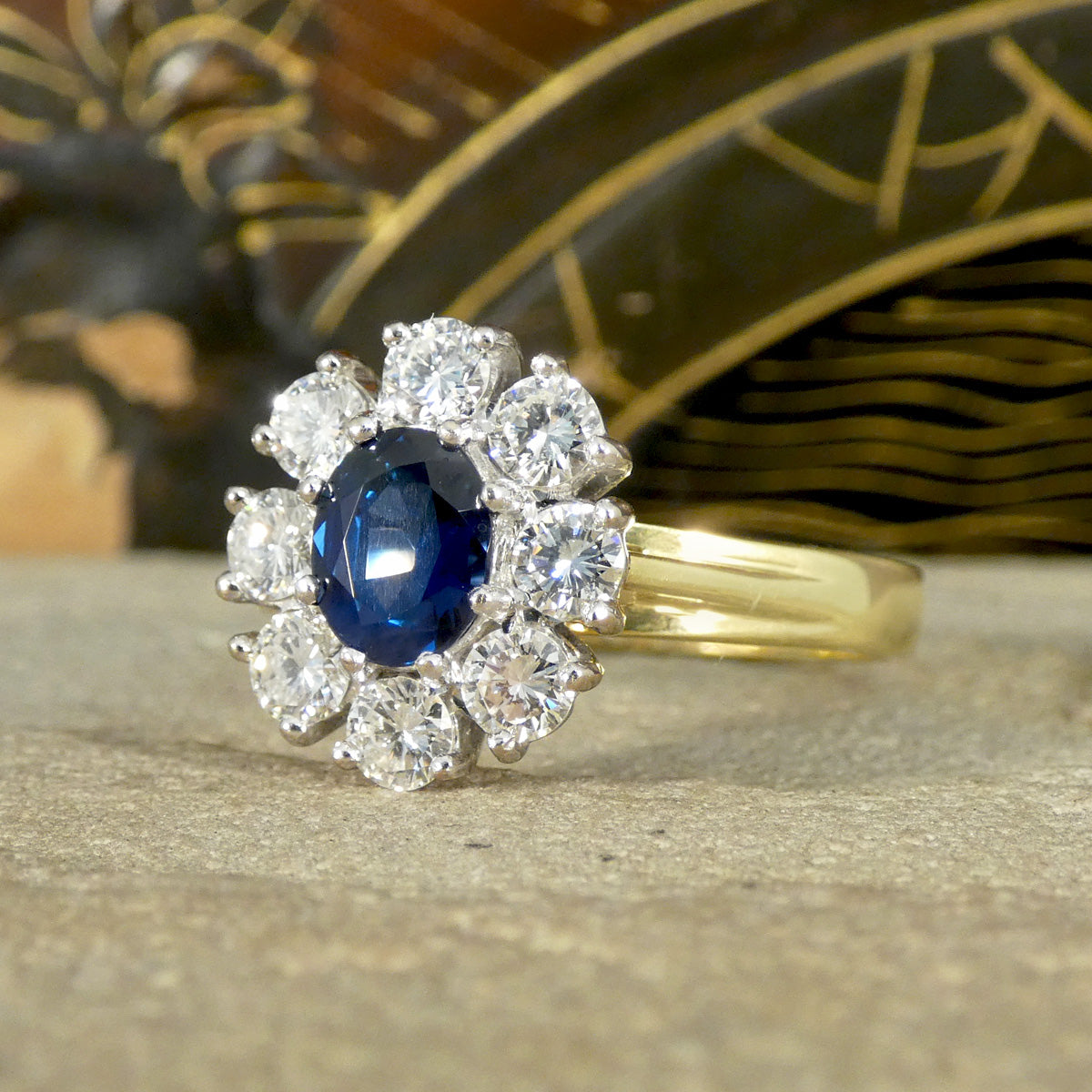 Sapphire and Diamond Oval Cluster Ring in 18ct Yellow and White Gold - Wharfedale Antiques