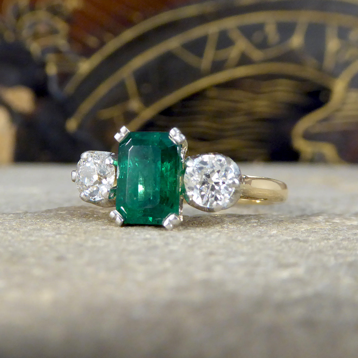 Edwardian Emerald and Diamond Trilogy Three Stone Ring in 18ct Yellow Gold and Platinum