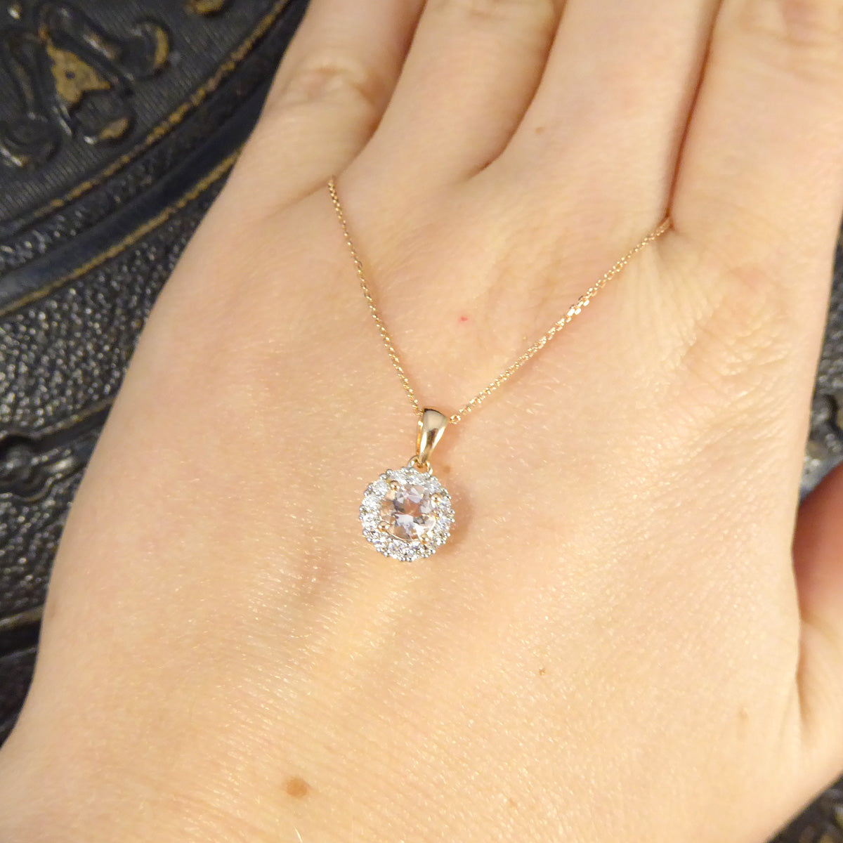 Morganite and Diamond Cluster Pendant Necklace in Rose Gold