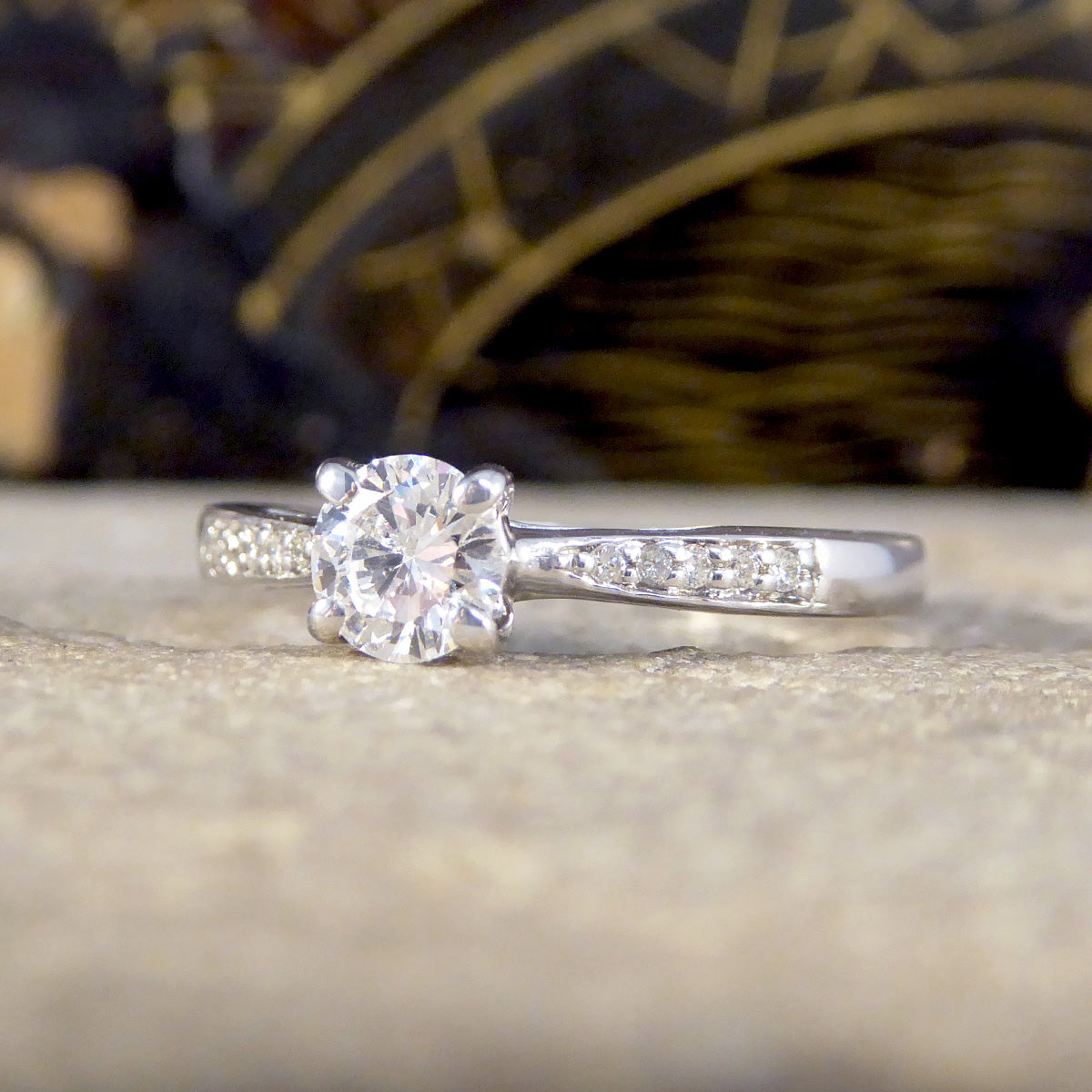 Classic Diamond Solitaire Engagement Ring with Diamond Shoulders in 18ct White Gold - Wharfedale Antiques