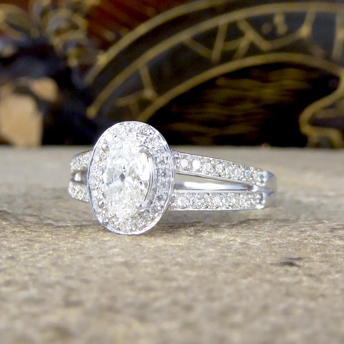 Oval Cut Diamond Cluster Ring with Diamond Set Double Strand Shoulders in 18ct White Gold
