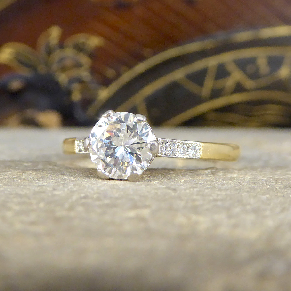 0.90ct Diamond Solitaire Engagement Ring in 18ct Yellow Gold and Platinum - Wharfedale Antiques