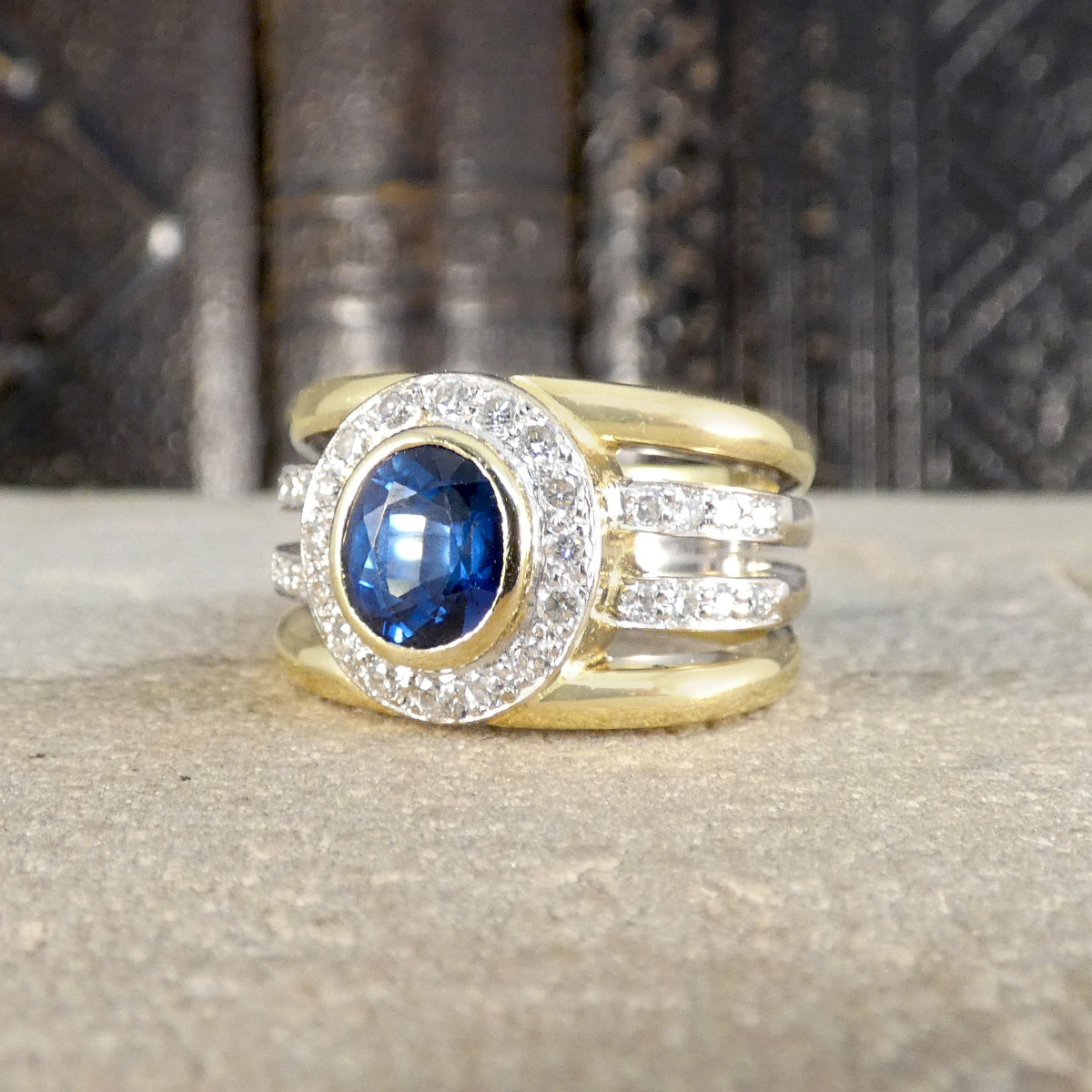 A South African made Sapphire and Diamond Ring with a chunky design.