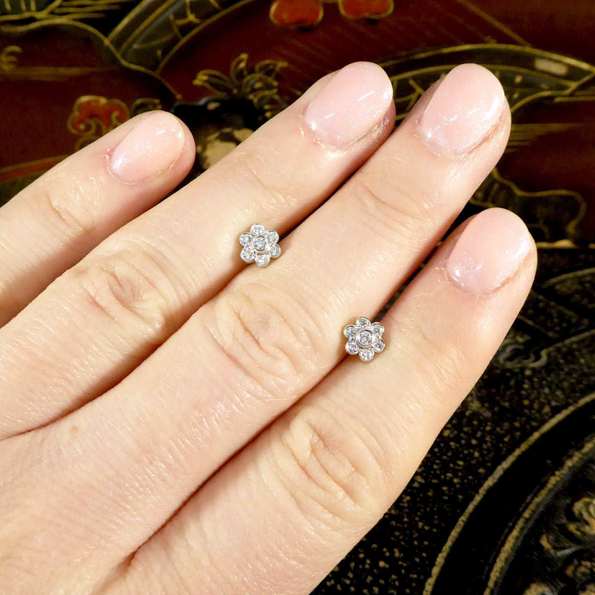 Diamond Flower Cluster Stud Earrings in 18ct White Gold - Wharfedale Antiques