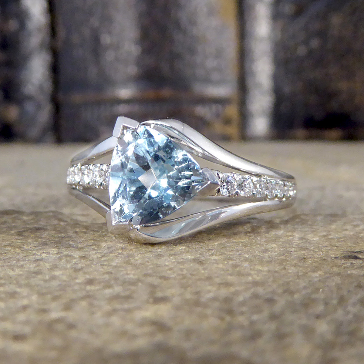 Aquamarine Trillion Cut and Diamond Set Three Strand Ring in 18ct White Gold - Wharfedale Antiques