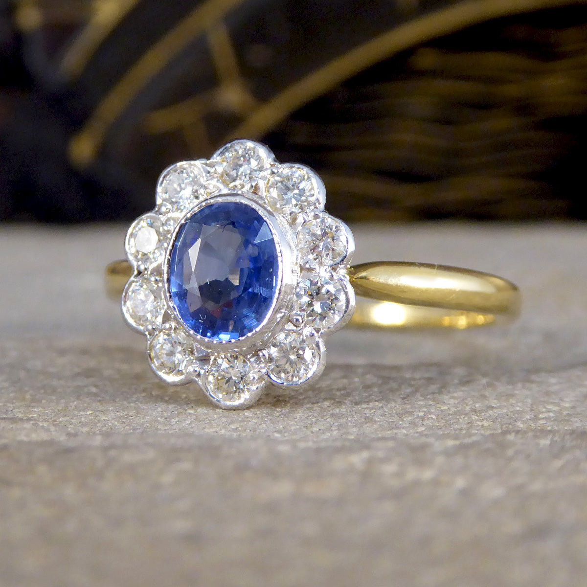 Vintage Sapphire and Diamond Cluster Ring in 18ct Yellow and White Gold