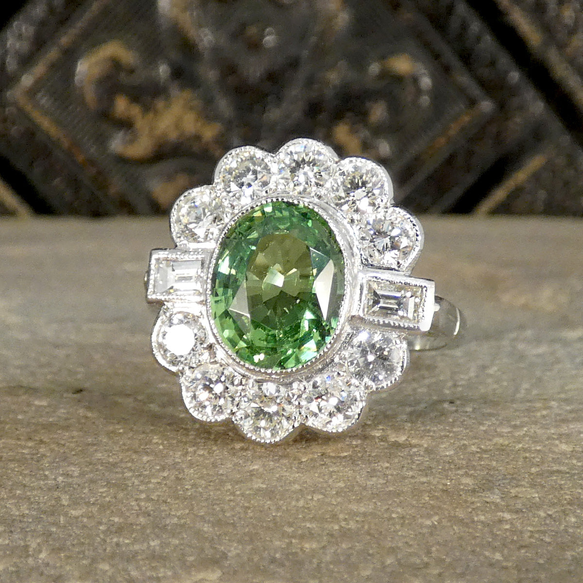 Edwardian Style 2.51ct Green Garnet and 1.20ct Diamond Cluster Ring in Platinum - Wharfedale Antiques