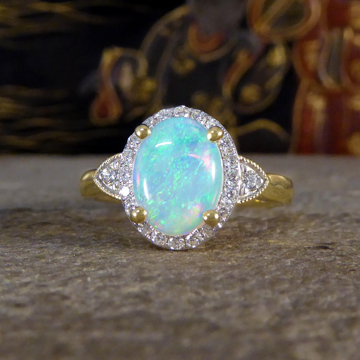Modern Opal and Diamond Cluster Ring in 18ct Yellow Gold