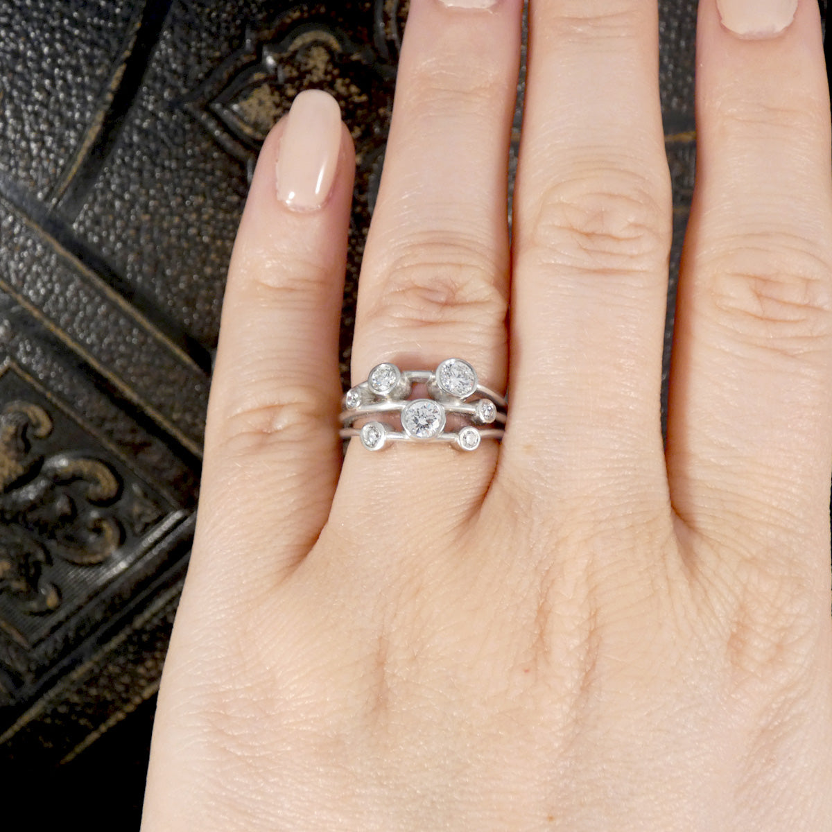 0.75ct Diamond Bubble style ring shown on the ring finger to see size and ratio on the finger.