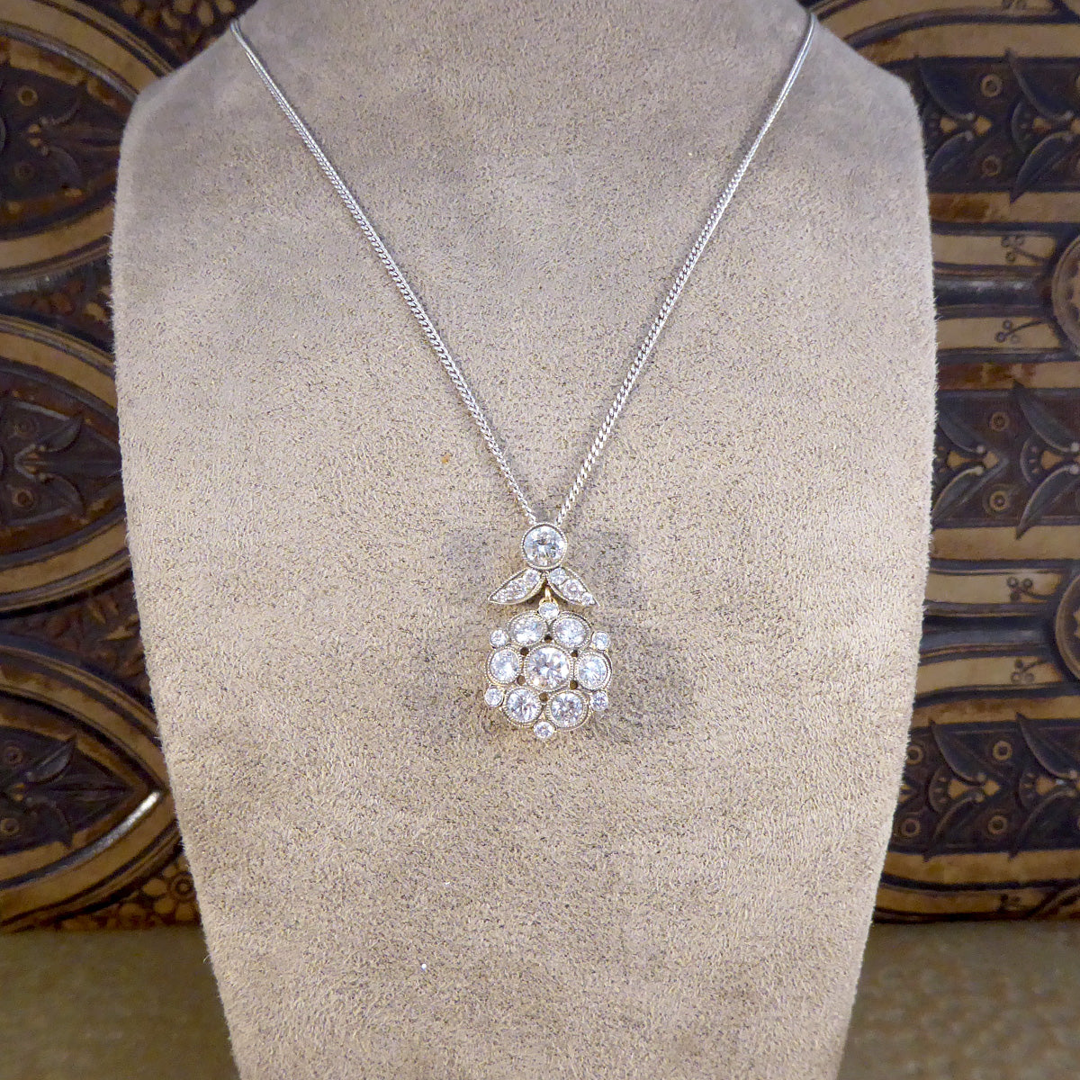 Antique Style 2.50ct Diamond Cluster Drop Pendant Necklace in Yellow Gold and Silver - Wharfedale Antiques
