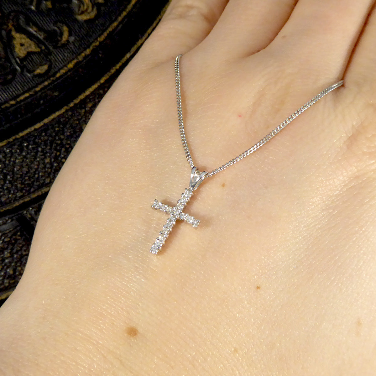 Diamond Cross Necklace in 18ct White Gold on 16inch 18ct White Gold Chain - Wharfedale Antiques