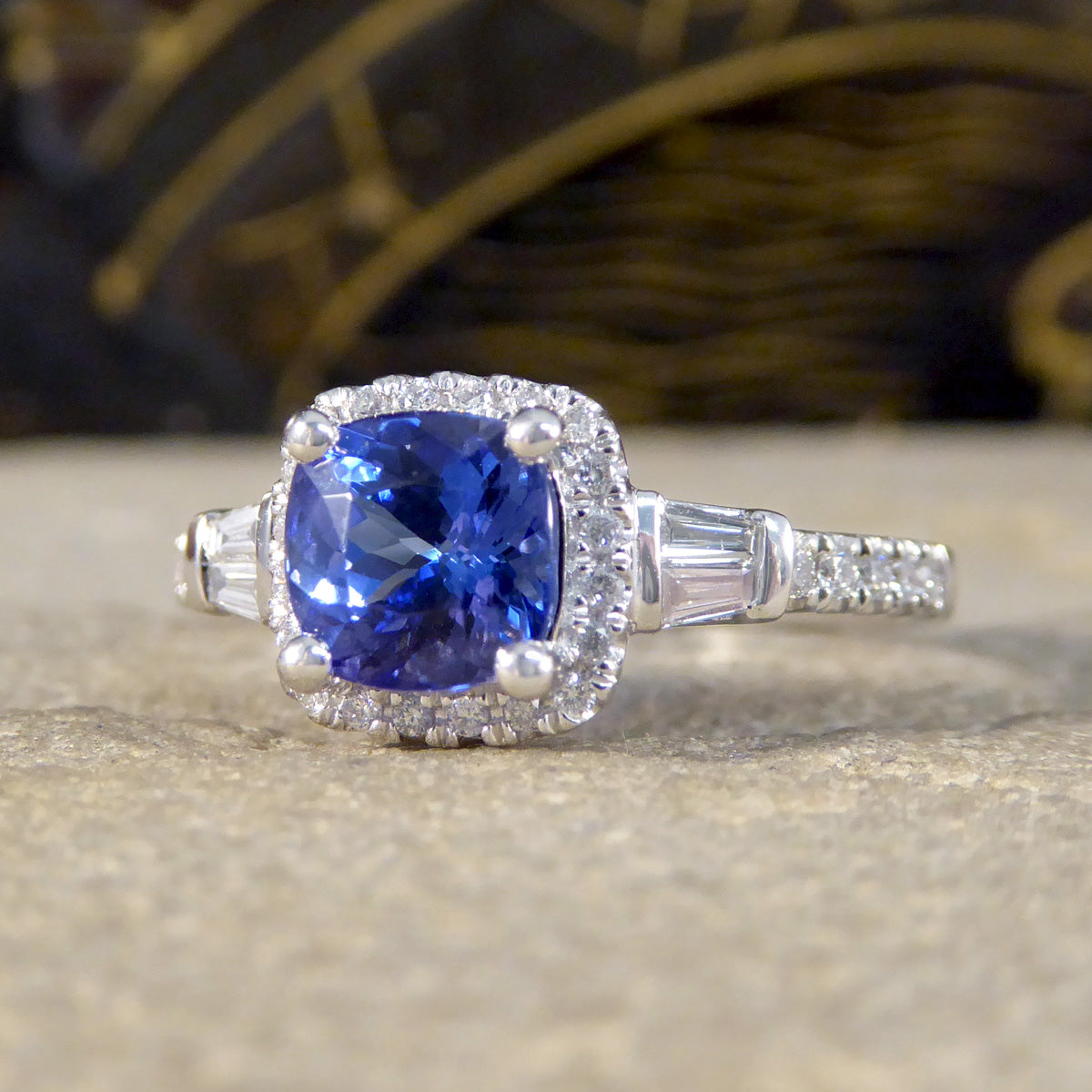 Cushion Cut Tanzanite and Diamond Cluster Ring with Tapered Baguette Shoulders in Platinum - Wharfedale Antiques