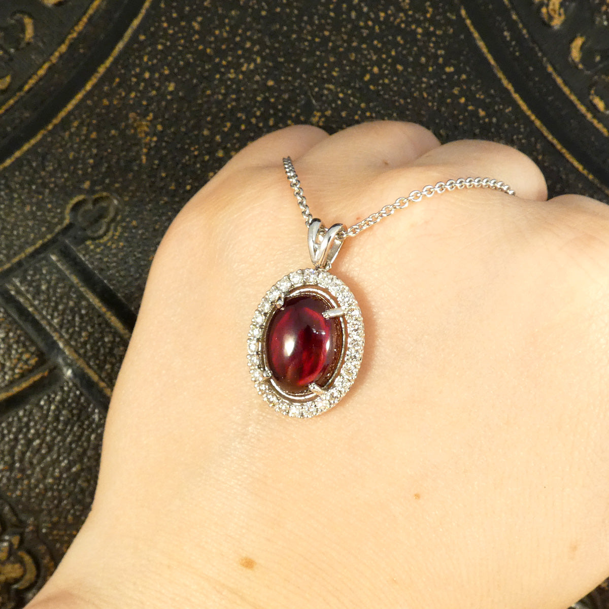 Cabochon Garnet and Diamond Halo Pendant Necklace in 18ct White Gold - Wharfedale Antiques