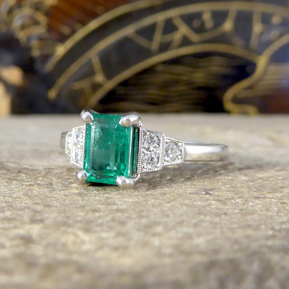 Art Deco Replica Emerald and Diamond Staged Shoulder Ring in Platinum - Wharfedale Antiques