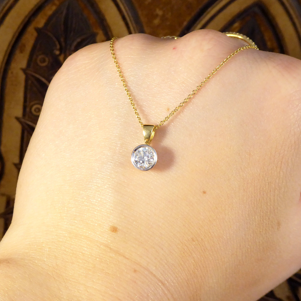 Classic 0.75ct Diamond Bezel Set Solitaire Pendant Necklace in 18ct Gold - Wharfedale Antiques