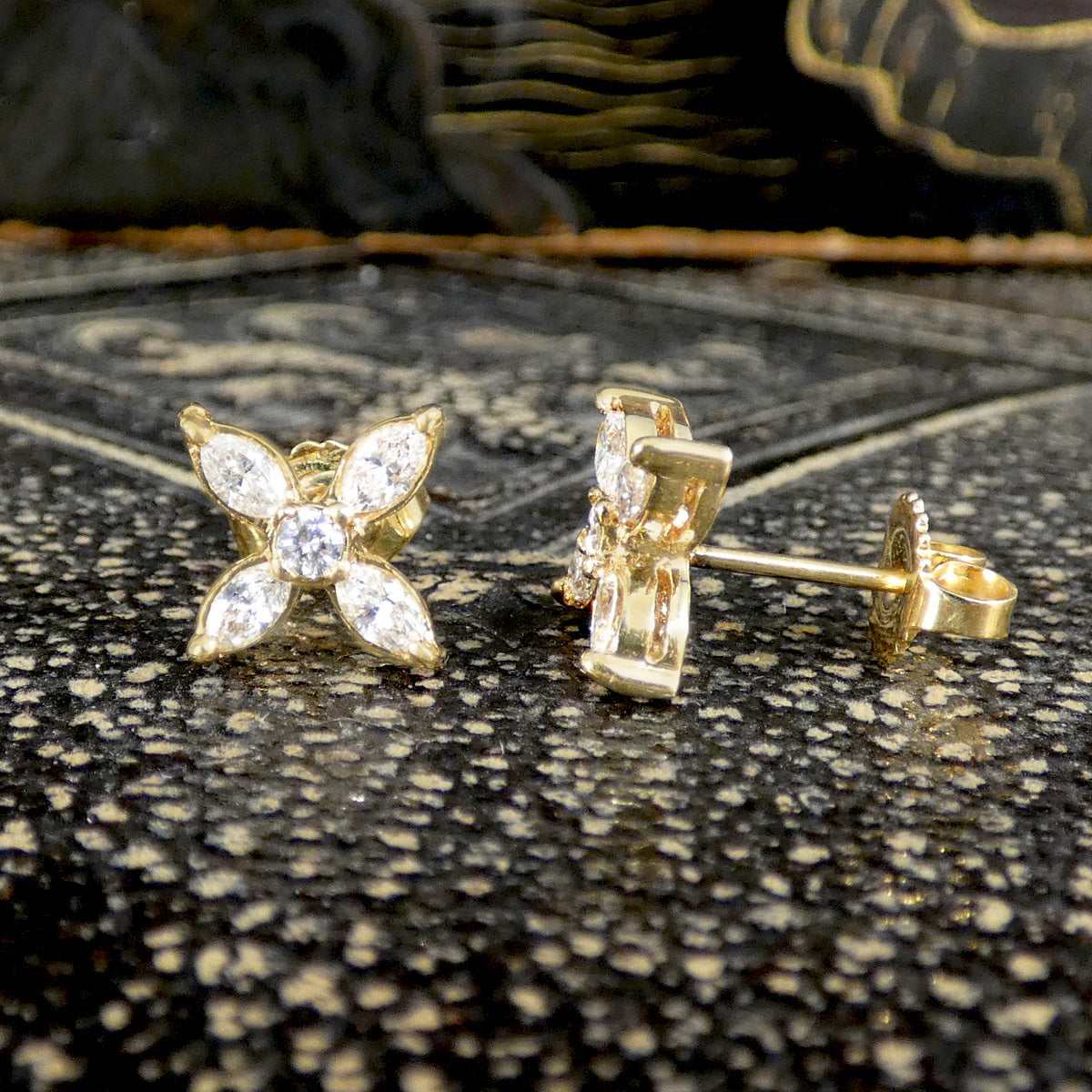 Marquise Diamond Set Cross Stud Earrings in 18ct Yellow Gold - Wharfedale Antiques