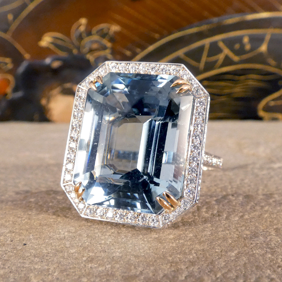 Large Aquamarine and Diamond Halo Ring with Diamond set Shoulders in Platinum - Wharfedale Antiques