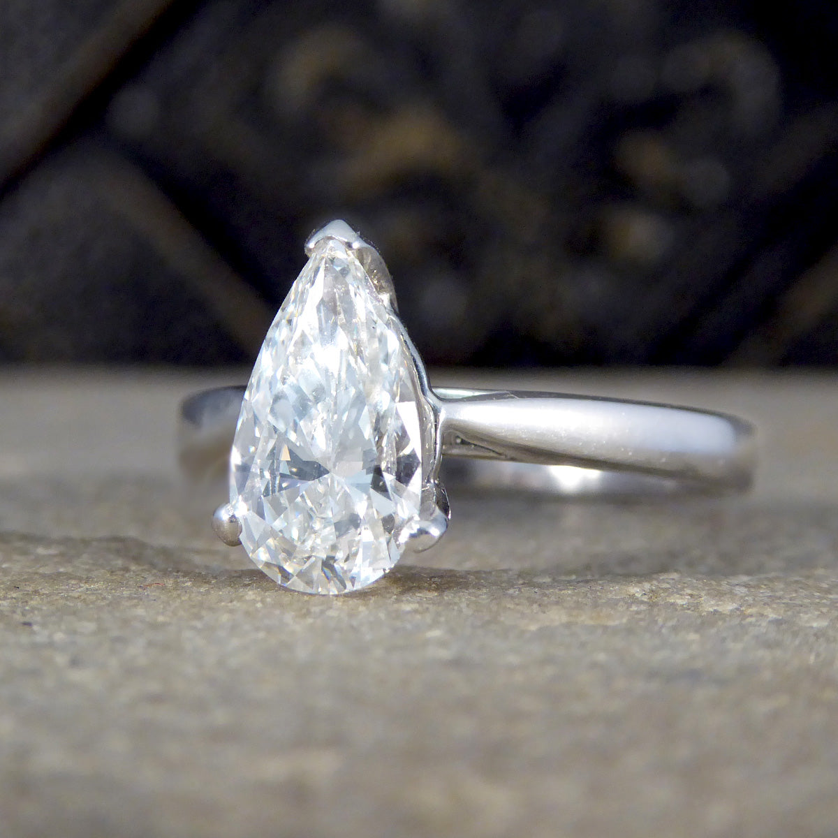 Solitaire Engagement Ring with 1.26ct Pear Cut Diamond in 18ct White Gold - Wharfedale Antiques