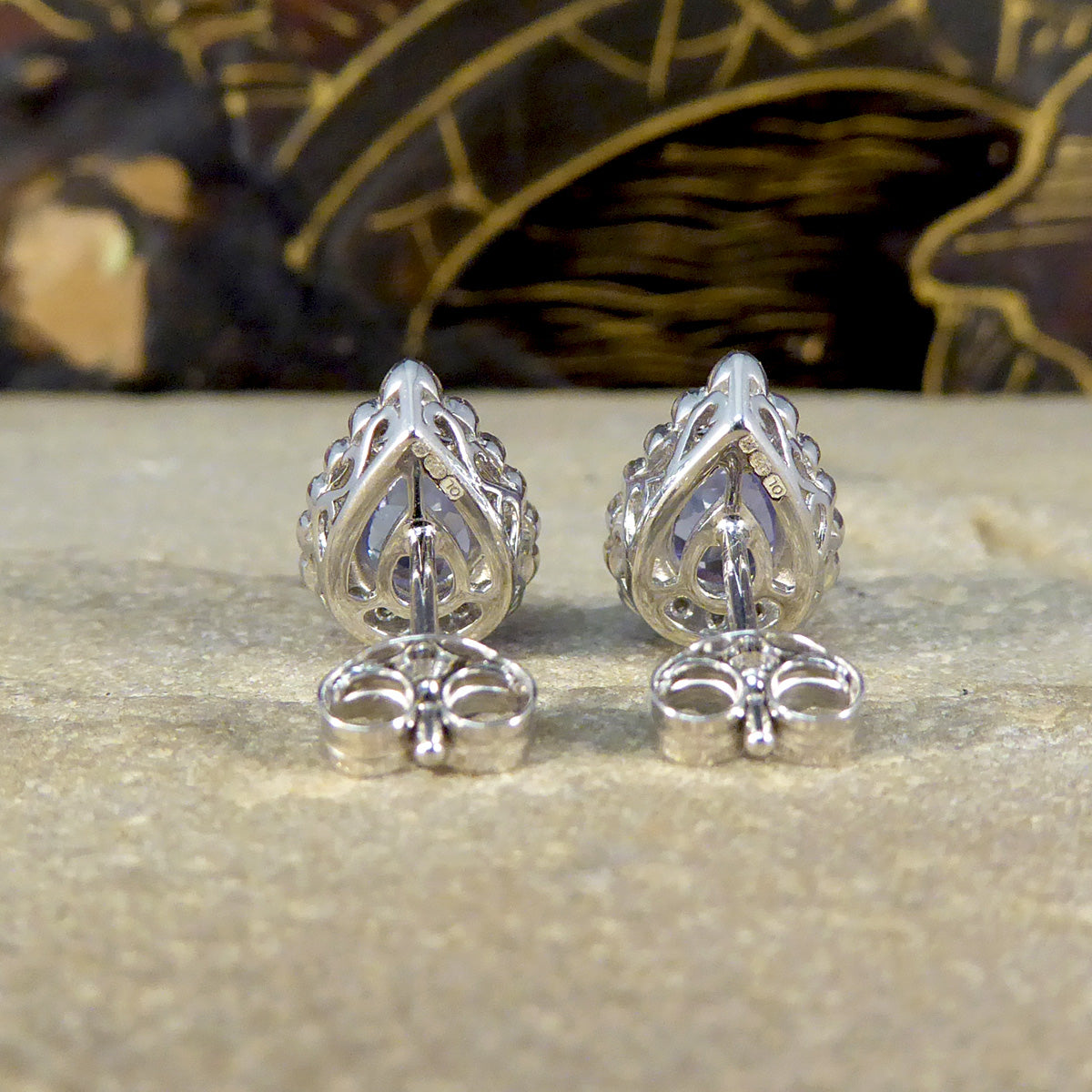 Pear Cut Tanzanite and Diamond Cluster Earrings in White Gold - Wharfedale Antiques