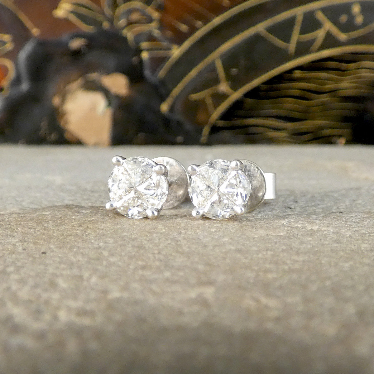 Diamond Pie Set Illusion Cluster Earrings in 18ct White Gold - Wharfedale Antiques