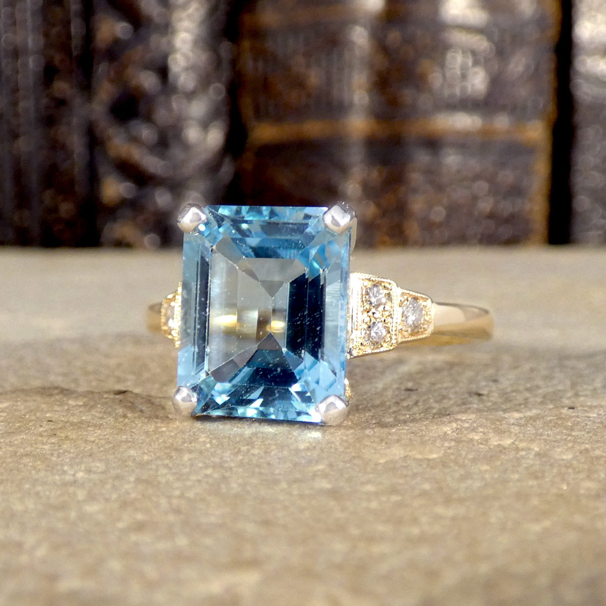 Art Deco Inspired 4.19ct Blue Topaz and Diamond Ring in White and Yellow Gold - Wharfedale Antiques