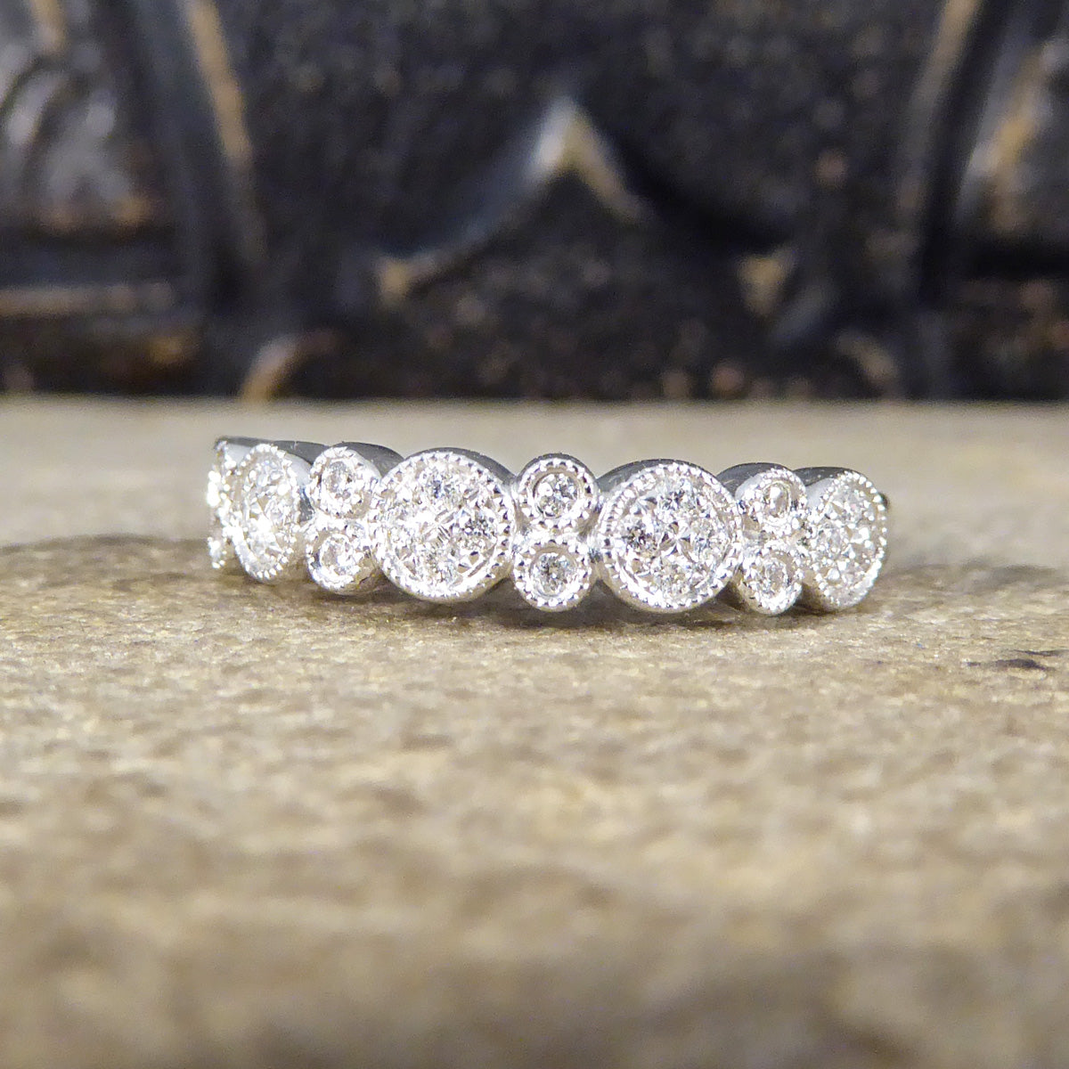 Diamond set Flat Cluster Half Eternity Ring in 18ct White Gold - Wharfedale Antiques