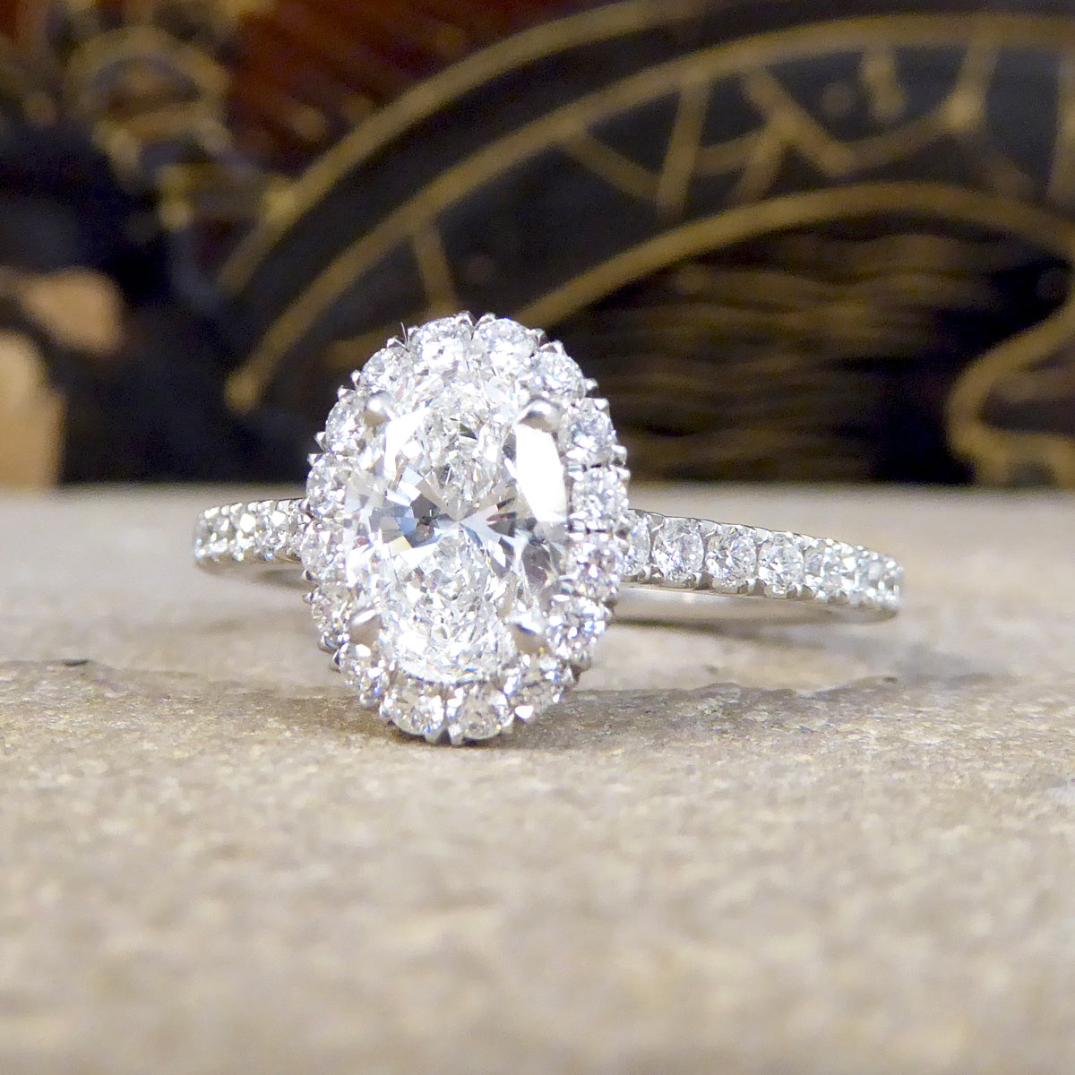 GIA D Colour Oval Cut Diamond Cluster ring with Diamond Shoulders in Platinum - Wharfedale Antiques