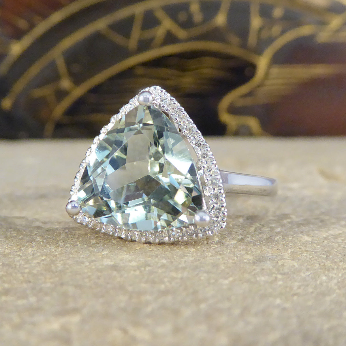 Majestic Trillion Cut Green Amethyst and Diamond Halo Dress Ring in White Gold - Wharfedale Antiques