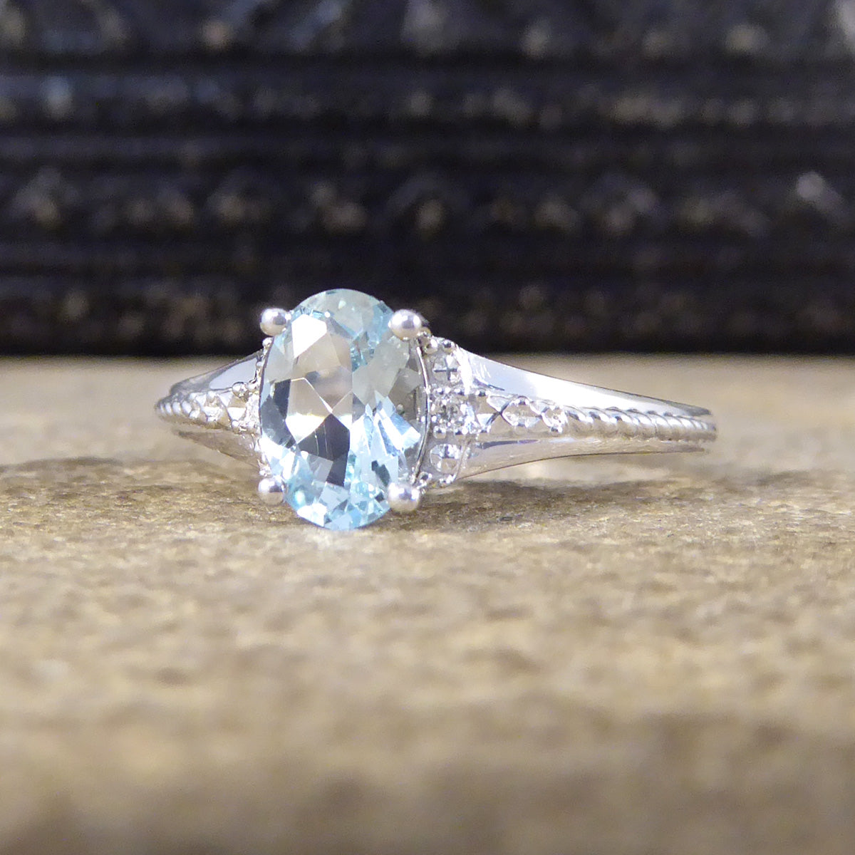 Solitaire Aquamarine and Diamond Illusion Set Ring in White Gold - Wharfedale Antiques