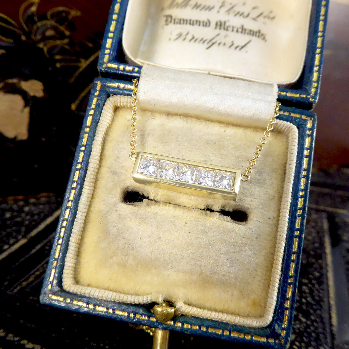 Princess Cut Diamond Bar Necklace in 18ct Yellow Gold - Wharfedale Antiques