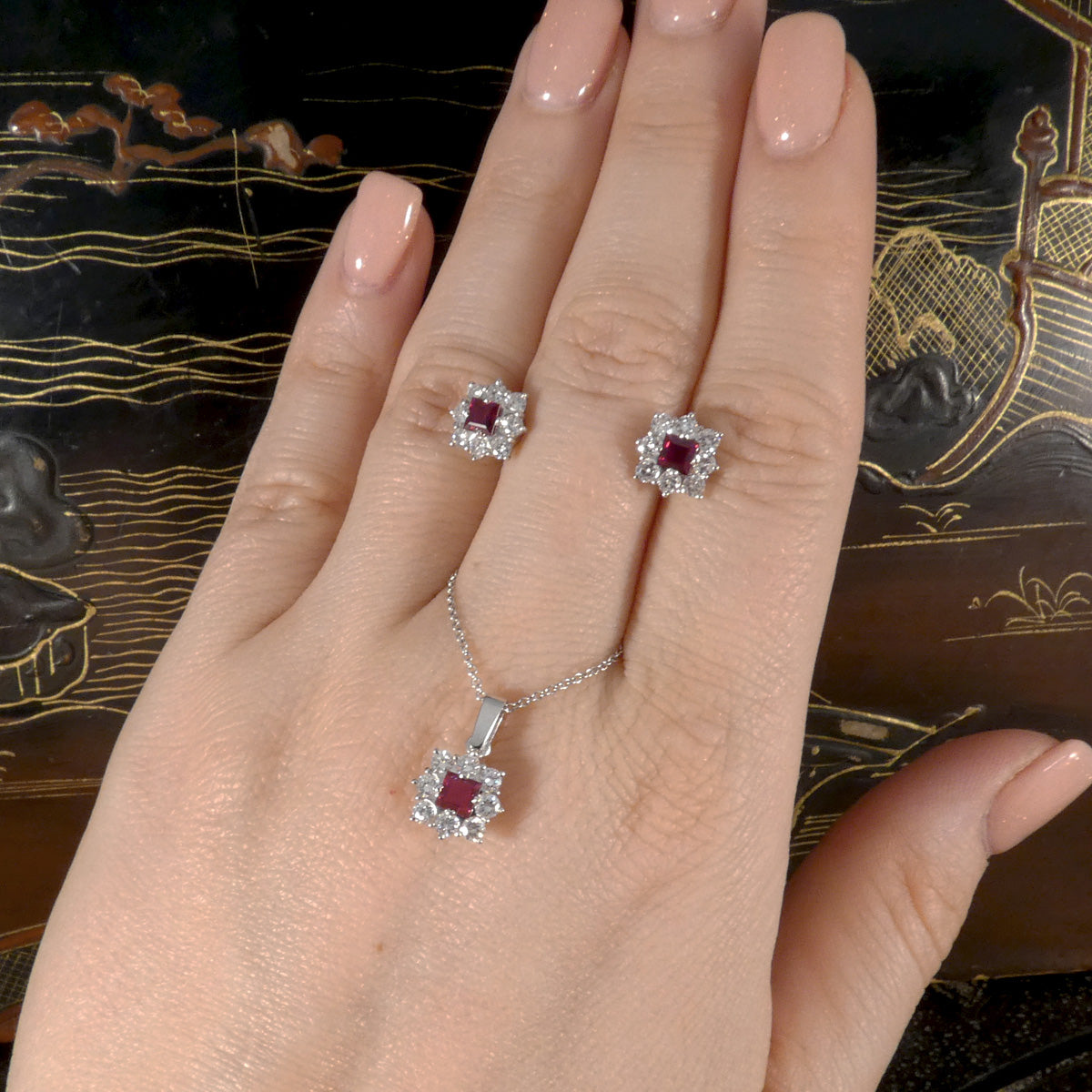 Vintage Ruby and Diamond Cluster Earrings and Necklace Set in 18ct White Gold - Wharfedale Antiques