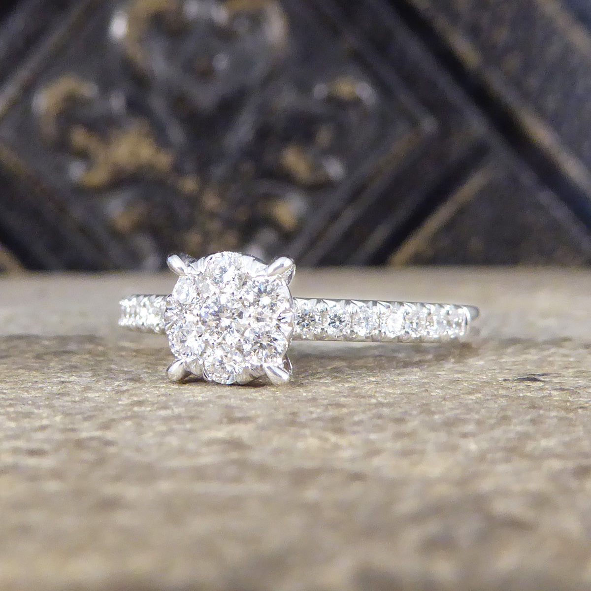 Solitaire Illusion set Diamond Cluster Ring in White Gold with Diamond Shoulders - Wharfedale Antiques